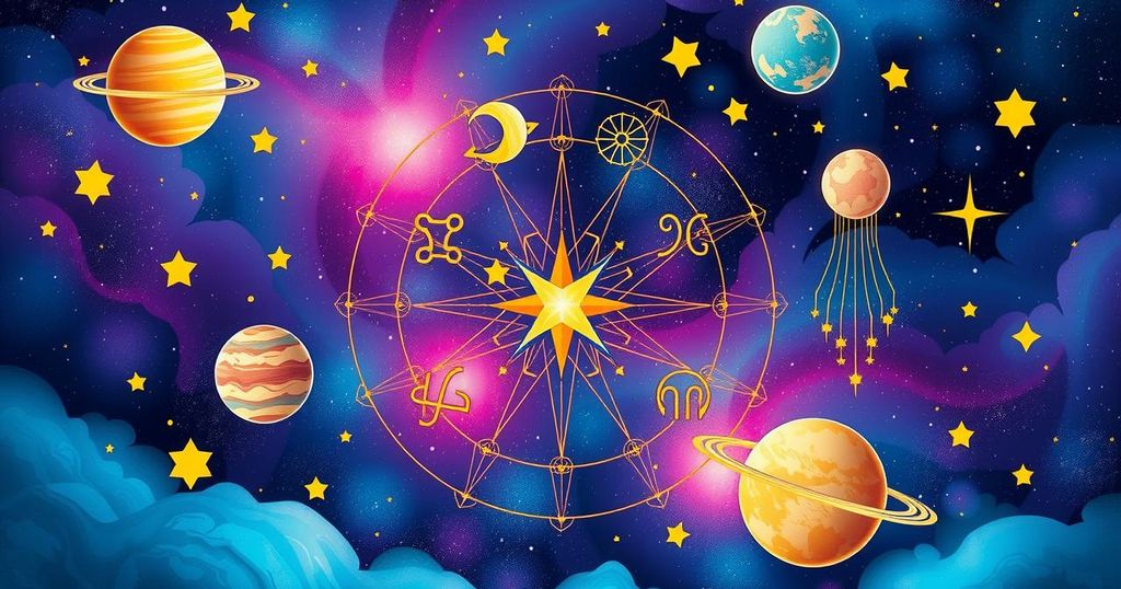 Astrological symbols with celestial elements, vibrant colours representing positivity and clarity, evoking cosmic energies.