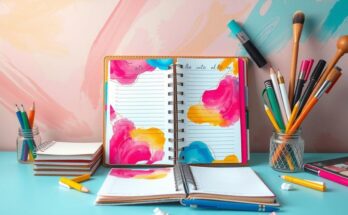 A vibrant planner with colourful notes and creative tools surrounded by symbols of self-discovery and exploration