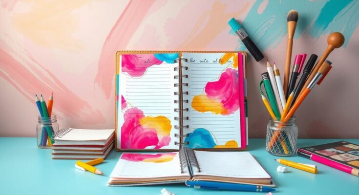 A vibrant planner with colourful notes and creative tools surrounded by symbols of self-discovery and exploration