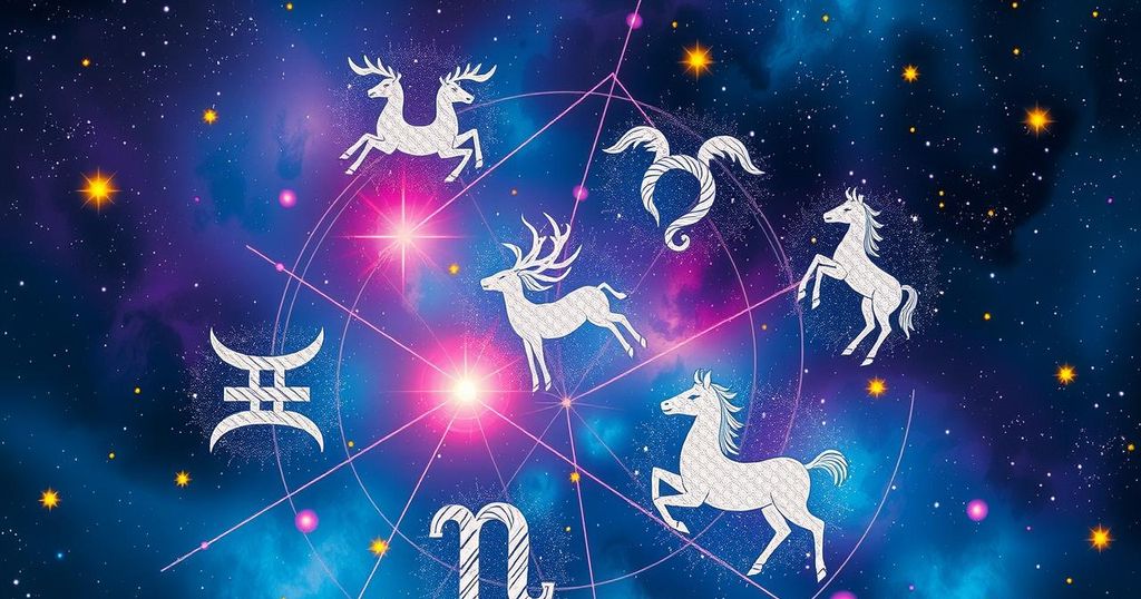 Celestial themed illustration showcasing zodiac signs with stars and planets in a harmonious colour palette.