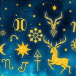 Astrological symbols with a celestial background, featuring vibrant blues and golds, reflecting zodiac themes and mysticism.