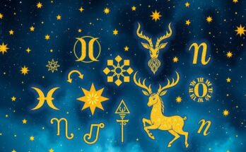 Astrological symbols with a celestial background, featuring vibrant blues and golds, reflecting zodiac themes and mysticism.