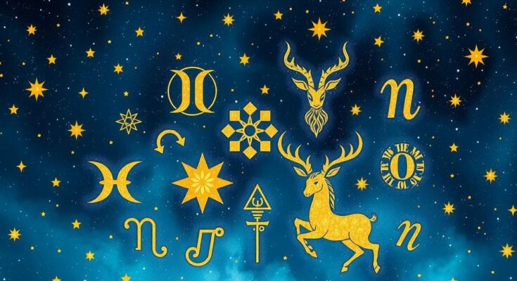 Astrological symbols with a celestial background, featuring vibrant blues and golds, reflecting zodiac themes and mysticism.