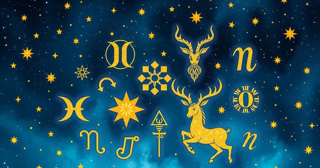 Astrological symbols with a celestial background, featuring vibrant blues and golds, reflecting zodiac themes and mysticism.
