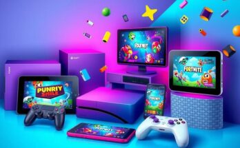 Dynamic scene of online gaming with consoles and mobile devices in vibrant colours, showcasing gaming evolution.