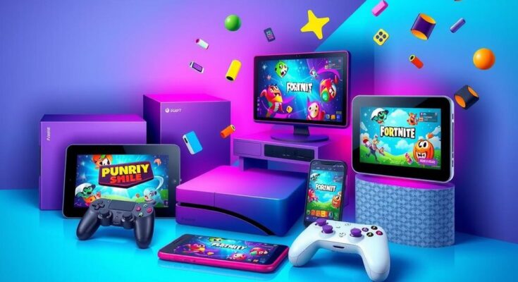 Dynamic scene of online gaming with consoles and mobile devices in vibrant colours, showcasing gaming evolution.