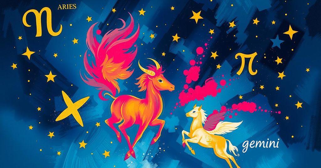 A celestial scene featuring constellations and vibrant zodiac symbols, symbolising energy, action, and independence.
