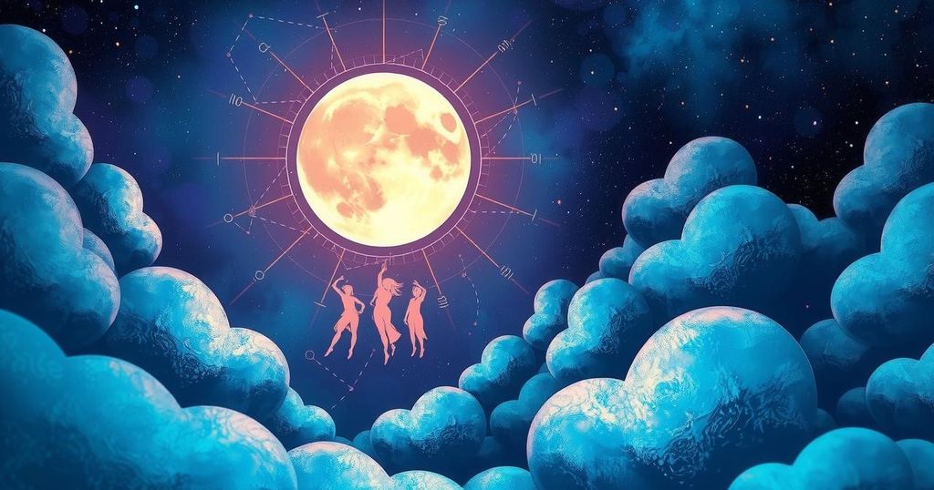 Celestial night sky with a glowing moon and colourful constellations, representing horoscopes and astrology.