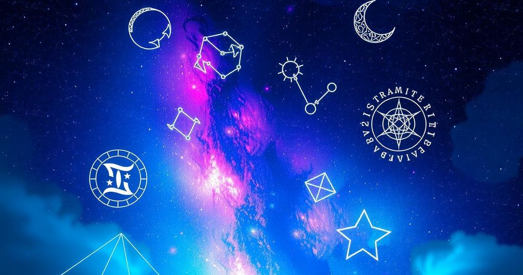 Astrological symbols with vibrant stars and a starry night background, representing daily horoscope insights.