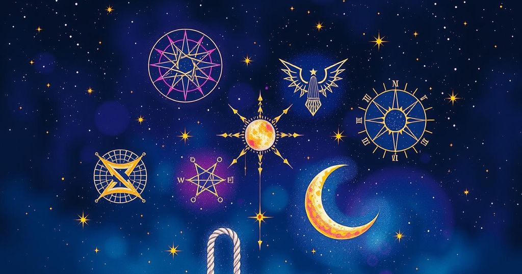 Astrological symbols in a cosmic setting, surrounded by vibrant stars and a mystical night sky.