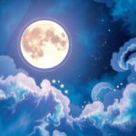 A vibrant cosmic scene depicting a new moon with sparkling stars and swirling nebulae in shades of blue and purple.