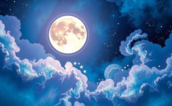 A vibrant cosmic scene depicting a new moon with sparkling stars and swirling nebulae in shades of blue and purple.