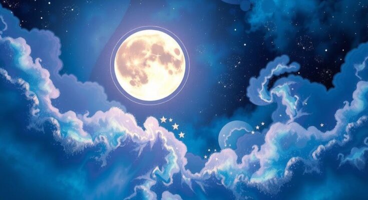 A vibrant cosmic scene depicting a new moon with sparkling stars and swirling nebulae in shades of blue and purple.