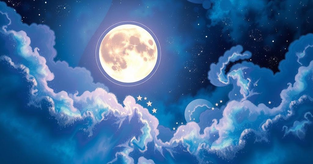 A vibrant cosmic scene depicting a new moon with sparkling stars and swirling nebulae in shades of blue and purple.