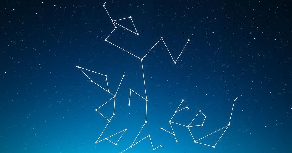A cosmic display with the Libra constellation, depicting vibrant stars in a deep blue sky.