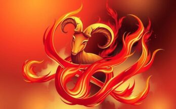 A vibrant depiction of Aries symbols, showcasing red flames and celestial elements of growth and happiness.