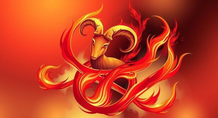 A vibrant depiction of Aries symbols, showcasing red flames and celestial elements of growth and happiness.