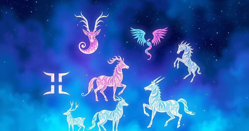 Colourful astrological zodiac signs with a celestial background and calming vibes for a daily horoscope.