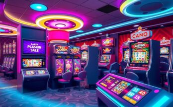 A vibrant digital casino scene with bright slot machines and colourful gaming interfaces.