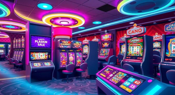 A vibrant digital casino scene with bright slot machines and colourful gaming interfaces.