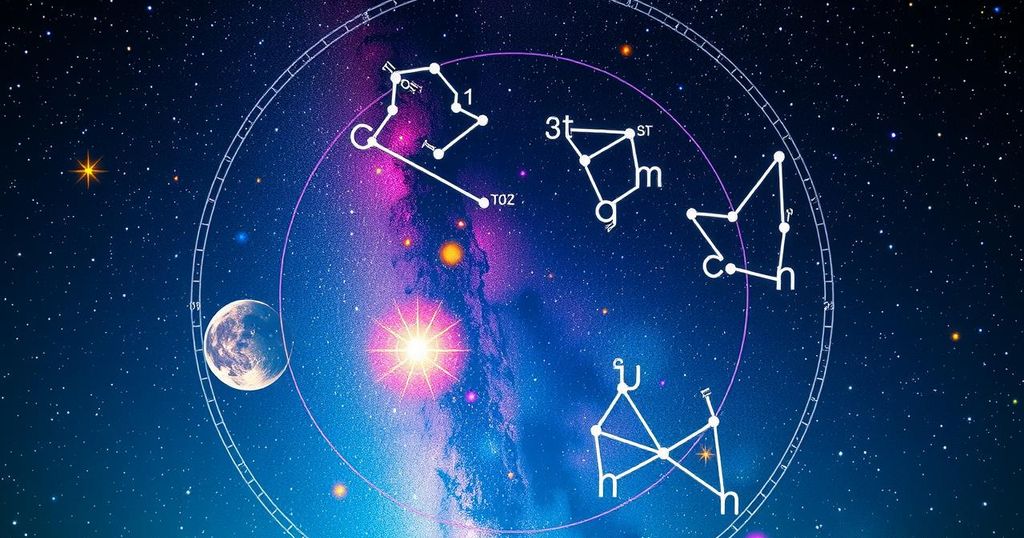 Astronomy-themed artwork depicting zodiac constellations with vibrant starry night colours.