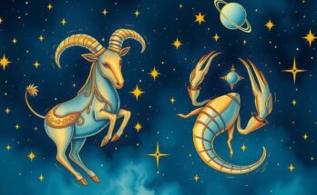 Astrological scene with vibrant Taurus and Cancer symbols surrounded by stars and celestial elements.