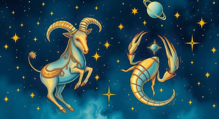 Astrological scene with vibrant Taurus and Cancer symbols surrounded by stars and celestial elements.