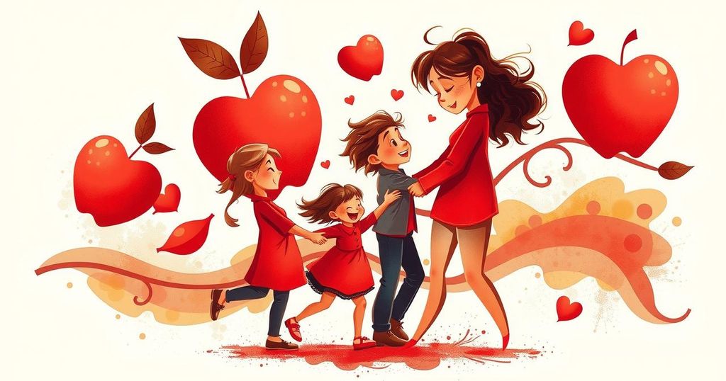 A vibrant apple red background with abstract shapes symbolising family gatherings and cherished moments.