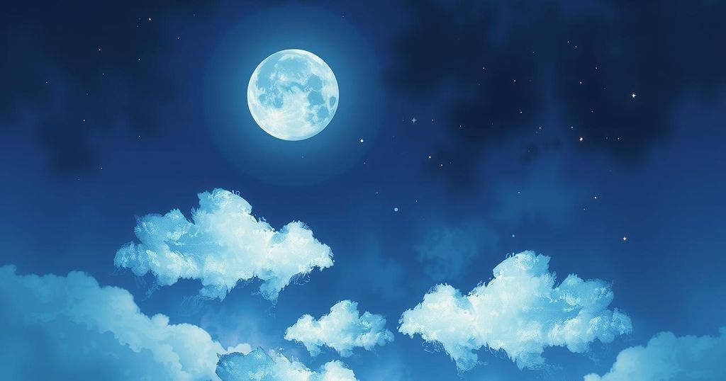 A serene night sky featuring a waxing gibbous moon shining through soft clouds, embodying cosmic reflection and growth.