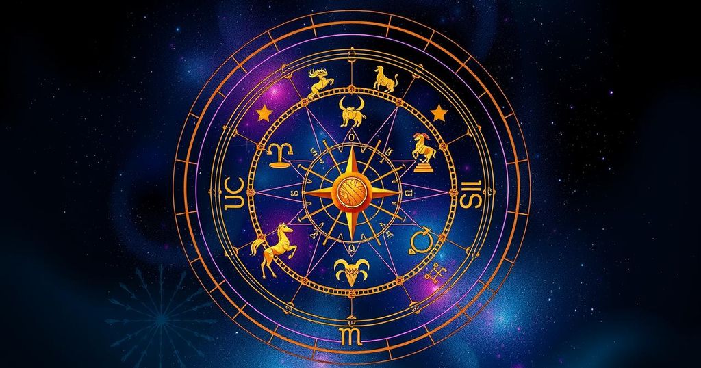 A mystical zodiac wheel with symbols representing different astrological signs, surrounded by vibrant colours and celestial elements.