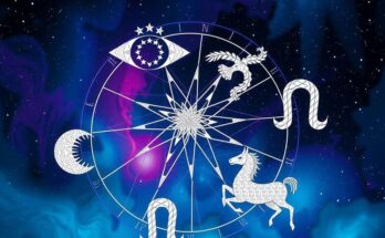 A vibrant horoscope illustration featuring astrological symbols and colourful starry backgrounds.