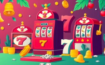 An artistic representation of popular gaming symbols and slot machine designs in vibrant colours.
