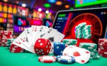 Vibrant illustration of an online casino with gaming elements like cards, dice, and chips in a modern, colourful design.