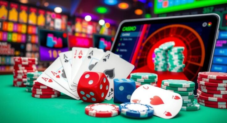 Vibrant illustration of an online casino with gaming elements like cards, dice, and chips in a modern, colourful design.