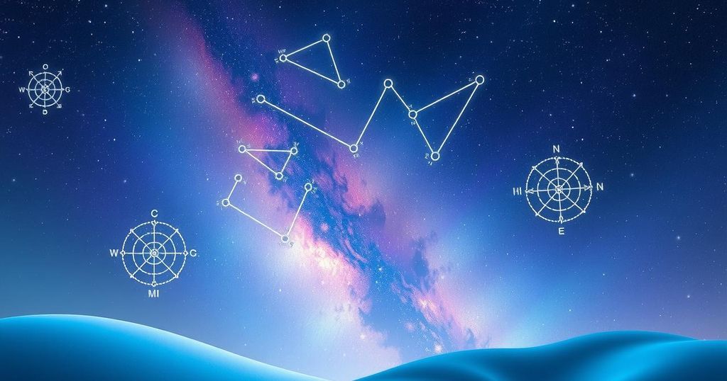 Cosmic landscape with stars and constellations in soothing blue and purple hues, symbolising love and healing.