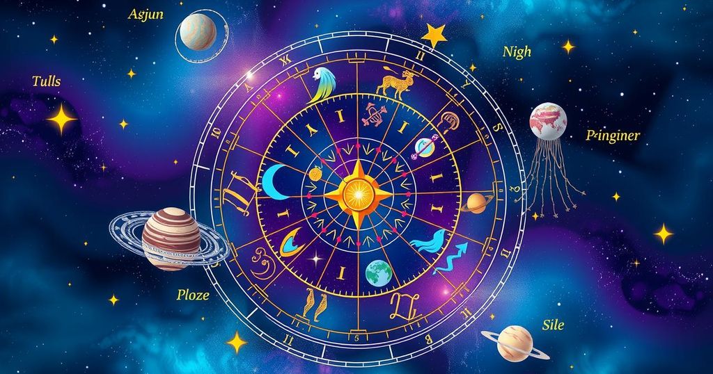 A vibrant horoscope wheel with zodiac symbols and astrological signs in a colorful celestial background.