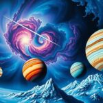 A cosmic landscape featuring planets in harmonious alignment, bathed in vibrant hues of blue and purple, illustrating astrological themes.