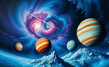 A cosmic landscape featuring planets in harmonious alignment, bathed in vibrant hues of blue and purple, illustrating astrological themes.