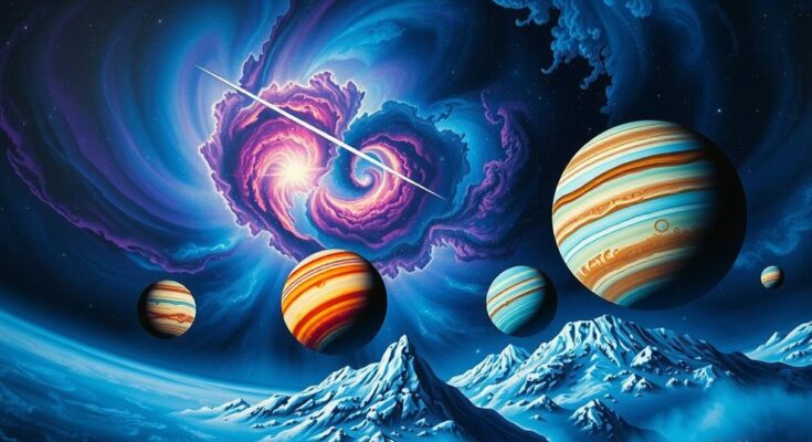 A cosmic landscape featuring planets in harmonious alignment, bathed in vibrant hues of blue and purple, illustrating astrological themes.