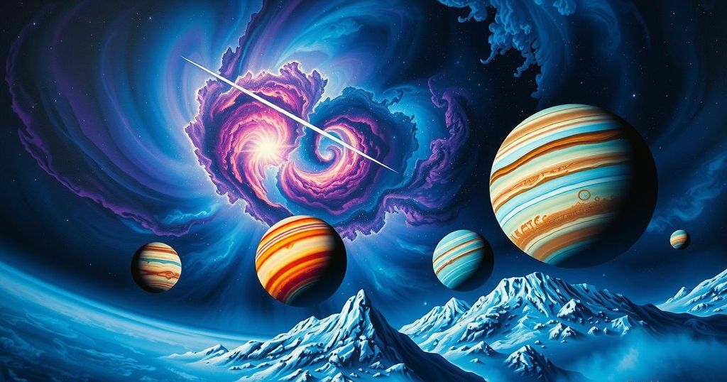 A cosmic landscape featuring planets in harmonious alignment, bathed in vibrant hues of blue and purple, illustrating astrological themes.