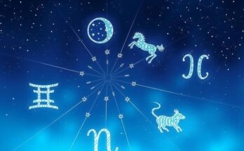 A celestial scene depicting zodiac symbols among twinkling stars, with a soft colour palette of blues and purples.
