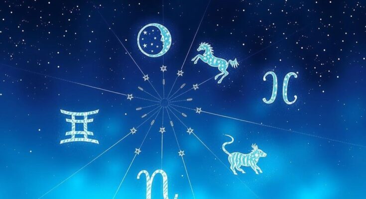 A celestial scene depicting zodiac symbols among twinkling stars, with a soft colour palette of blues and purples.