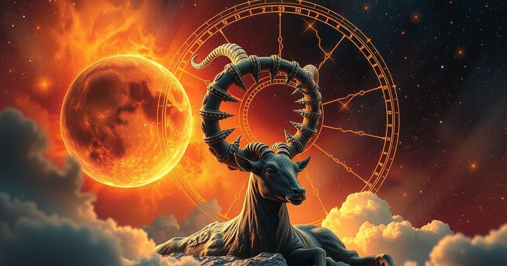 Astrological symbols with Capricorn constellation, warm earthy colours, depicting cosmic energy and practical astrology.
