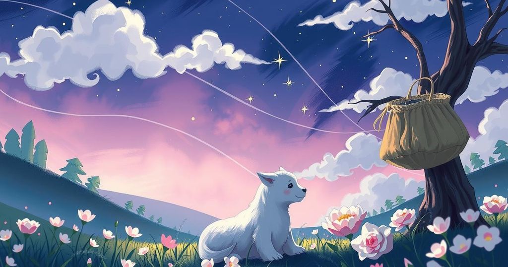 A serene romantic scene with soft colours, representing love and communication under starry skies.