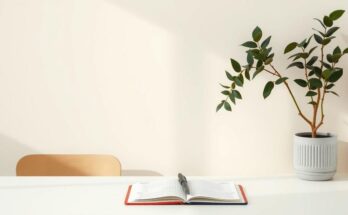 A serene workspace showcasing a tidy desk with soft cream tones, symbolising focus and productivity.
