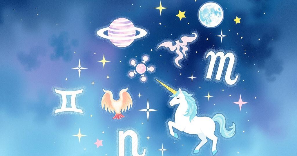 Astrological zodiac signs arranged with celestial elements and cosmic background in pastel hues.