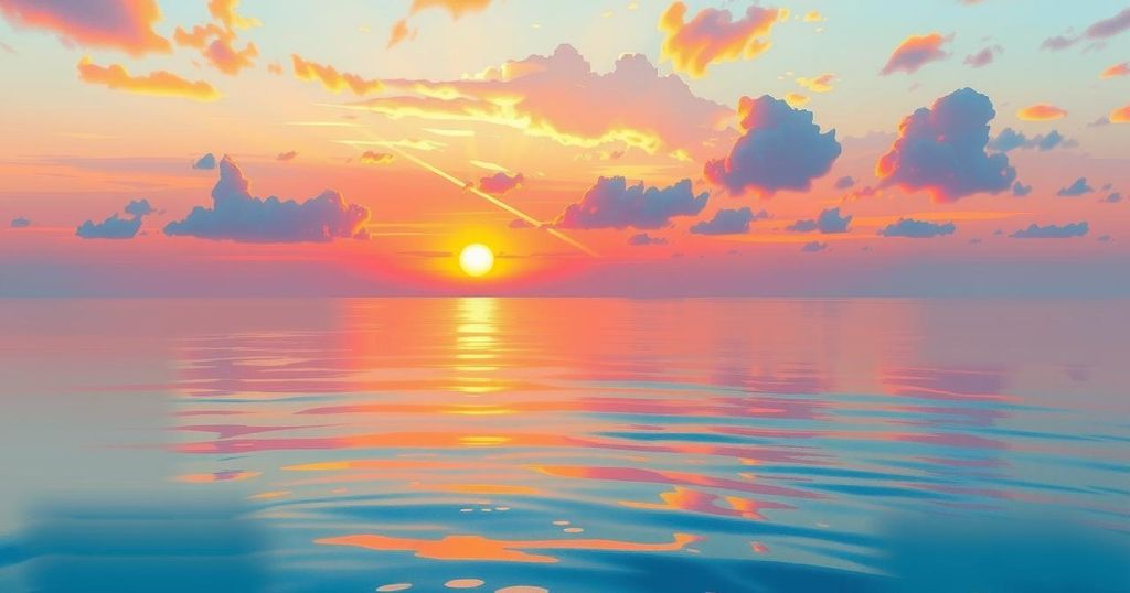 A serene landscape with a beautiful sunset over tranquil waters, reflecting harmonious pastel colours.