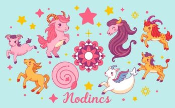 A whimsical illustration of various zodiac symbols surrounded by vibrant colour schemes and playful elements.