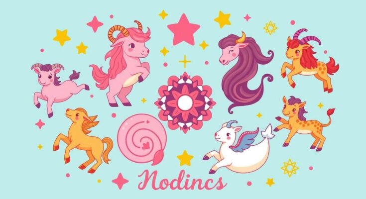 A whimsical illustration of various zodiac symbols surrounded by vibrant colour schemes and playful elements.