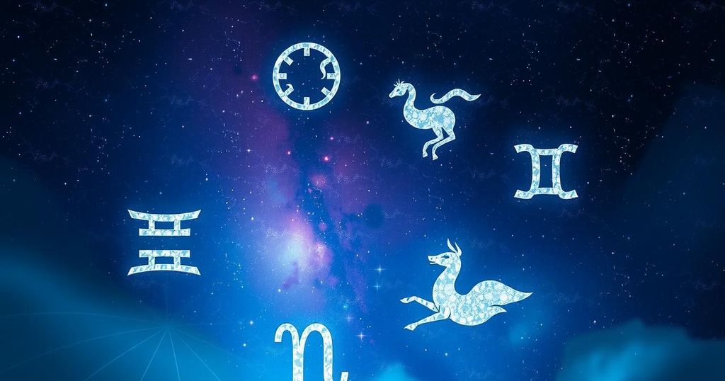 A vibrant cosmic scene with zodiac symbols, twinkling stars, rich colours, and a mystical aura of astrology.